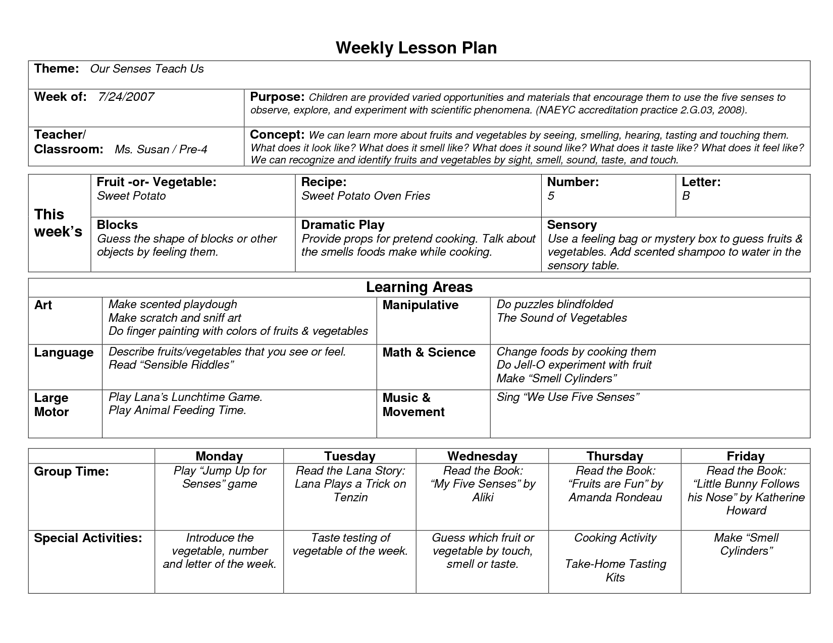 Naeyc Lesson Plan Template For Preschool | Sample Weekly