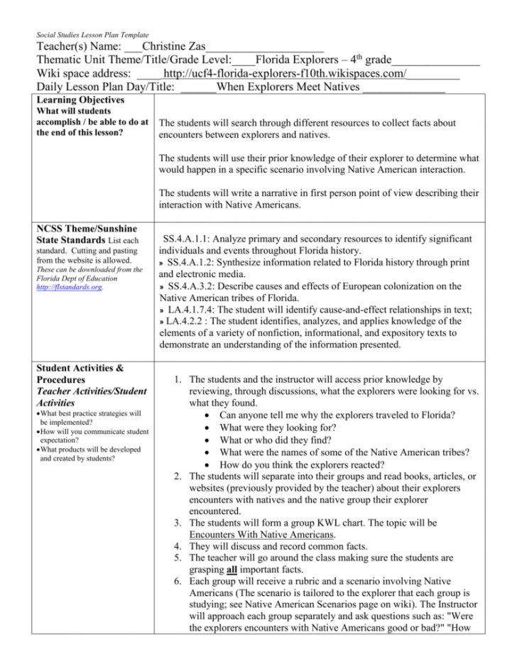 4th Grade Social Studies Lesson Plans Florida - Lesson Plans Learning