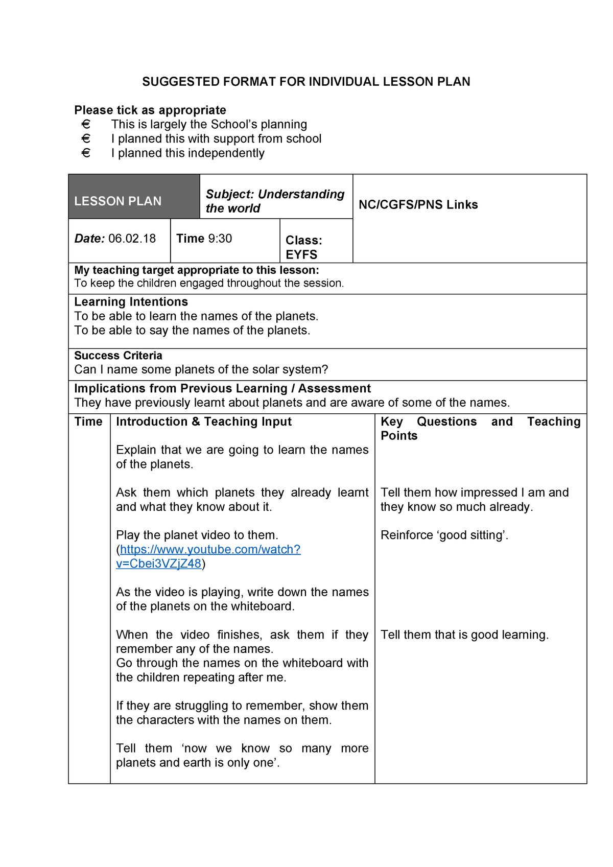 Naming Planets Plan - Lesson Plan - Primary Education - Studocu