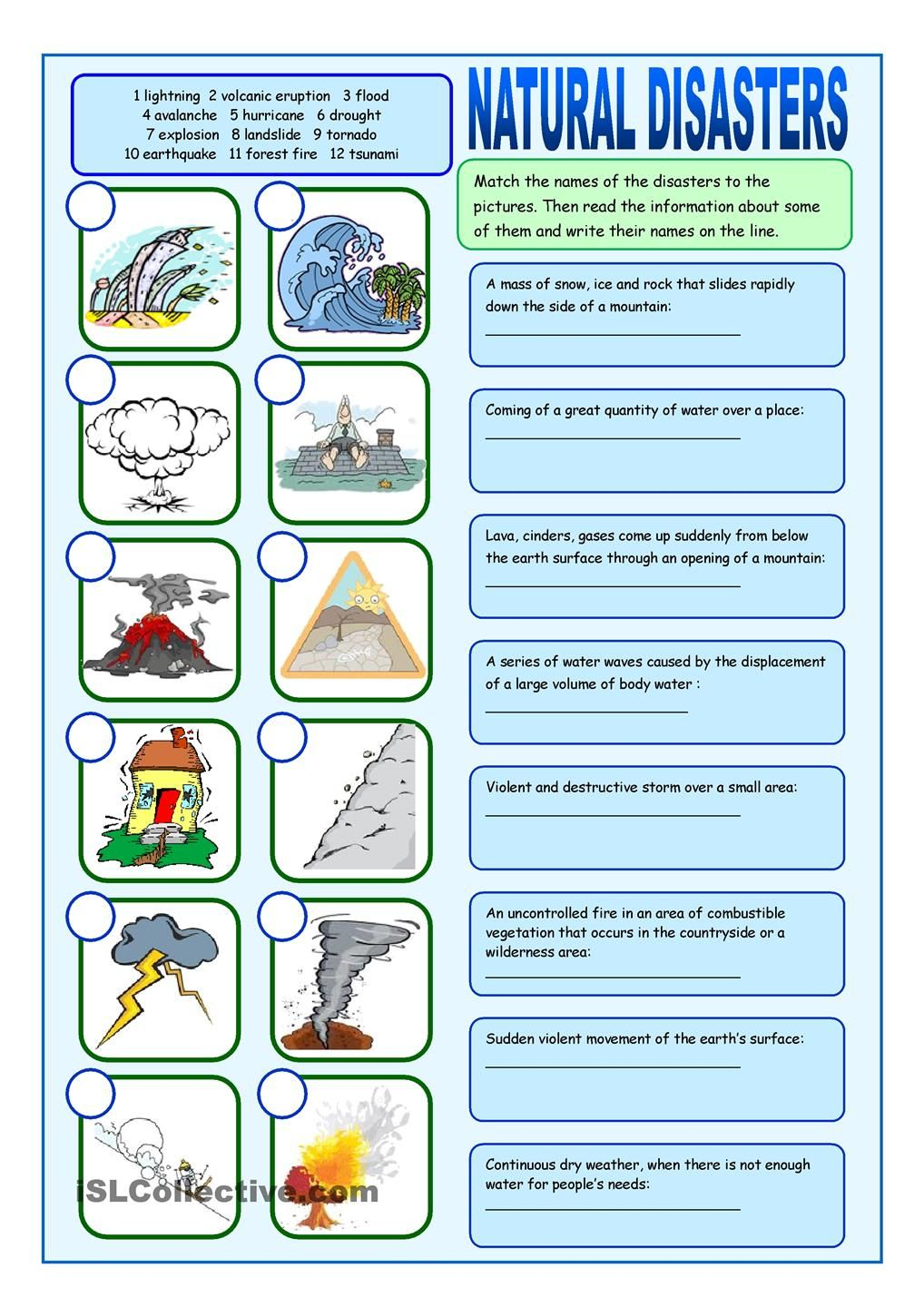 Natural Disasters Matching Exercises | Natural Disasters For