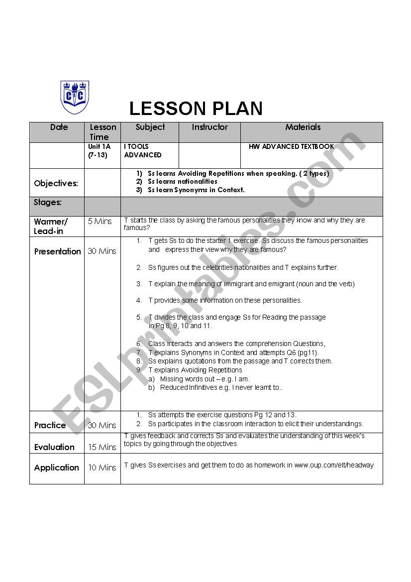 New Headway - Advance Level - Lesson Plan - Unit 1 Part A