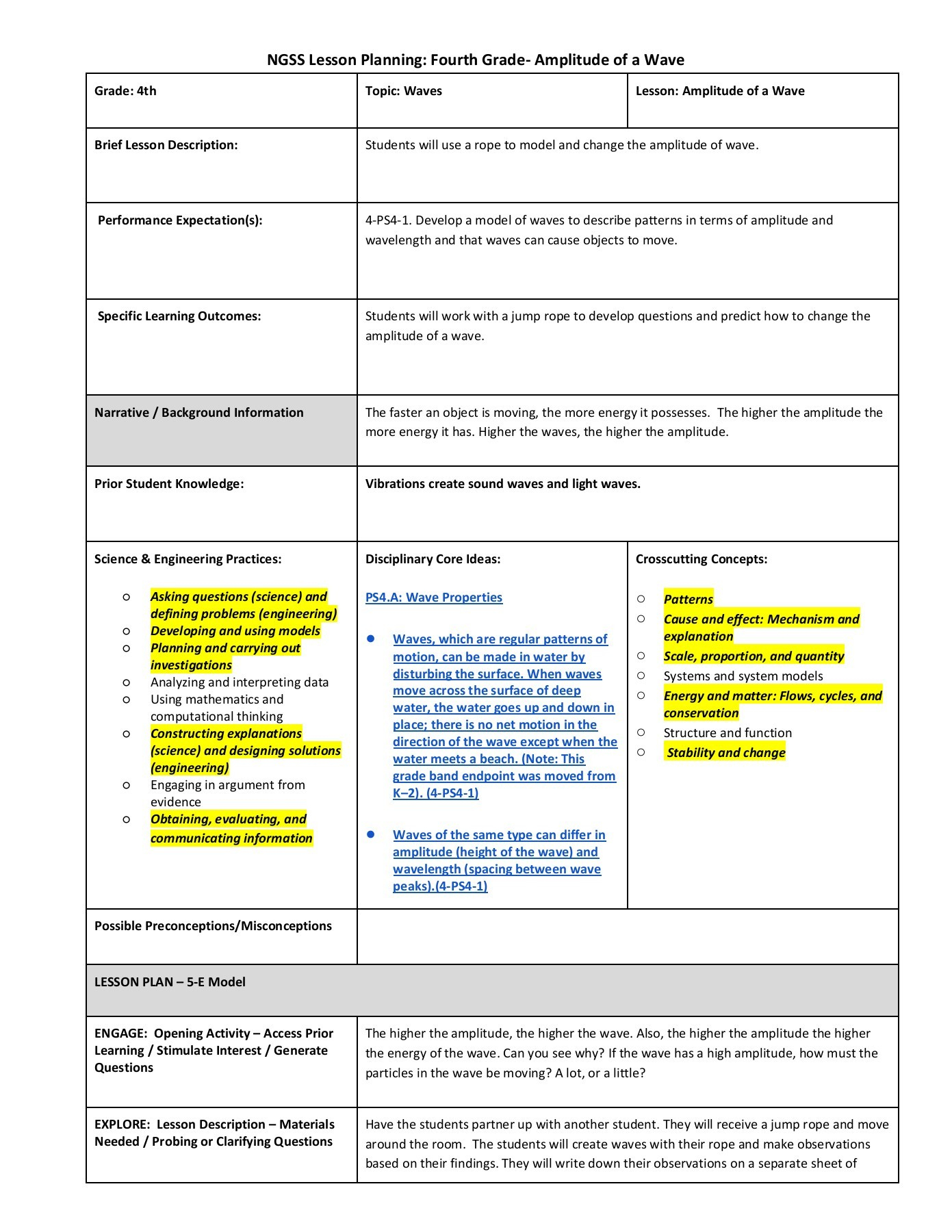 Ngss Lesson Planning: Fourth Grade- Amplitude Of A Wave