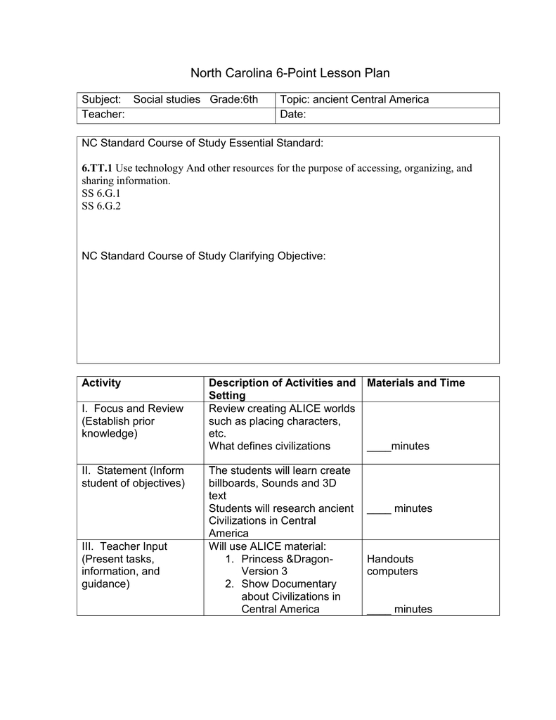 North Carolina 6-Point Lesson Plan