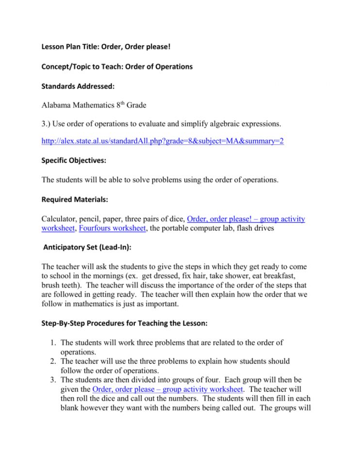 Order Of Operations Lesson Plan - Lesson Plans Learning