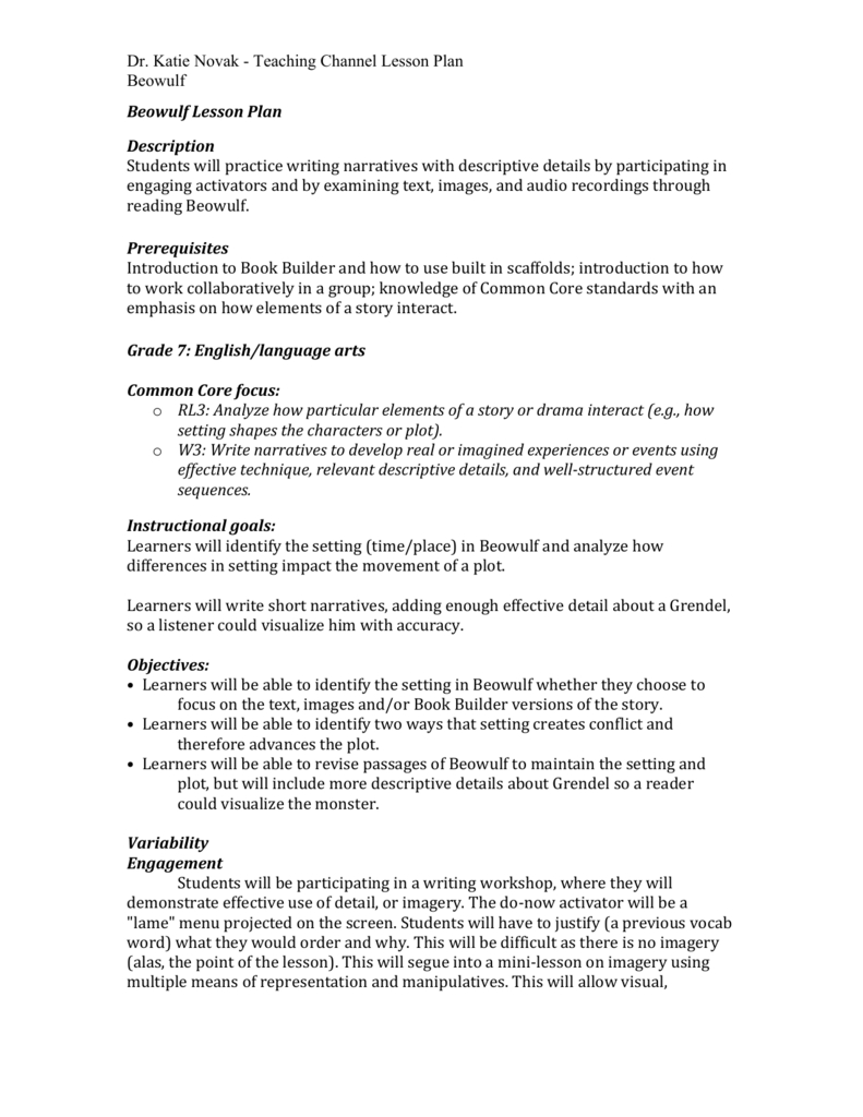 Page 1 Dr. Katie Novak - Teaching Channel Lesson Plan Beowulf