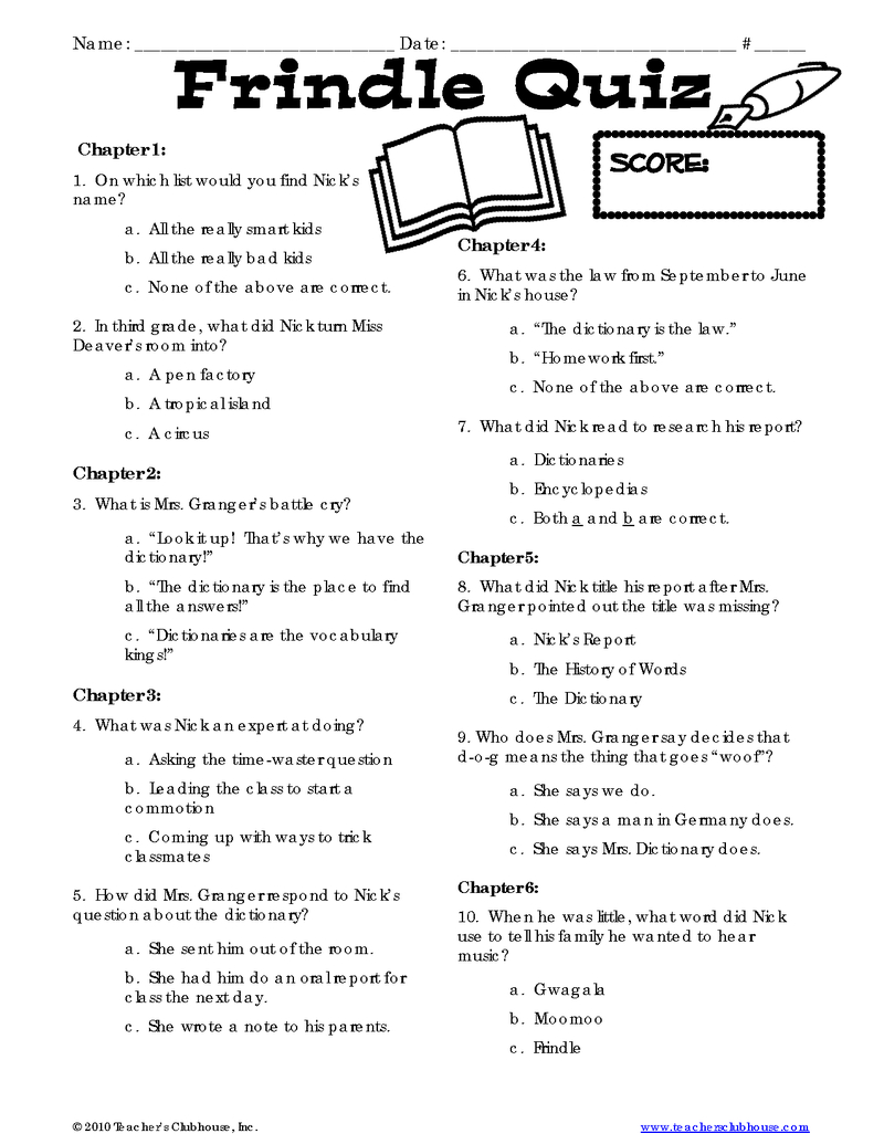 Page 1 - Frindle Quiz | Frindle Novel Study, Frindle