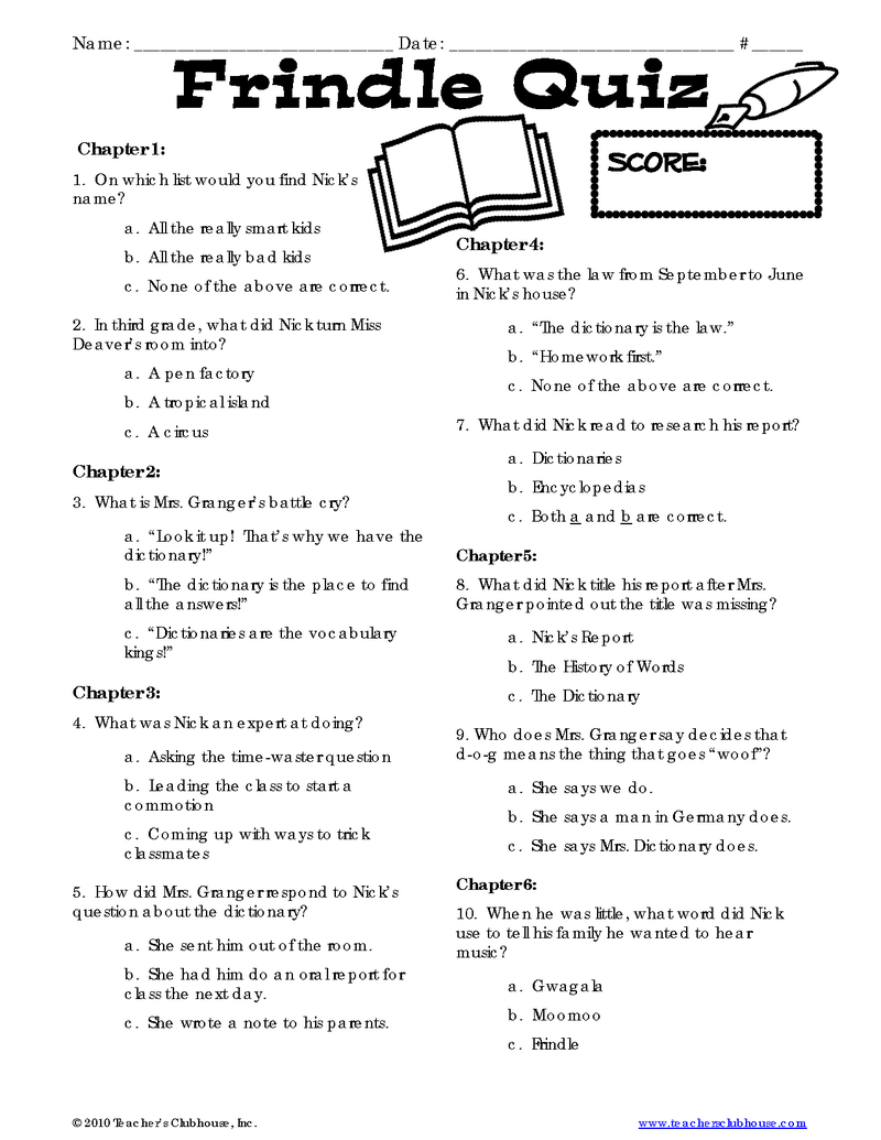 page 1 frindle quiz frindle novel study frindle