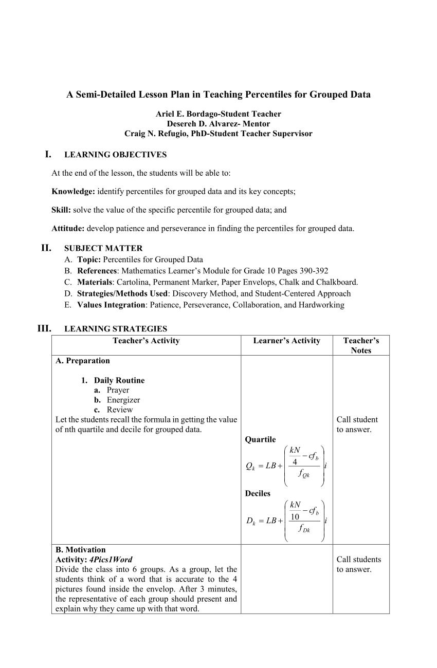 Pdf) A Semi-Detailed Lesson Plan In Teaching Percentiles For