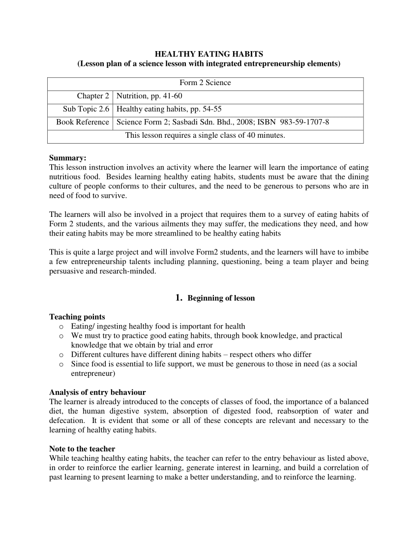 Pdf) Healthy Eating Habits (Lesson Plan Of A Science Lesson
