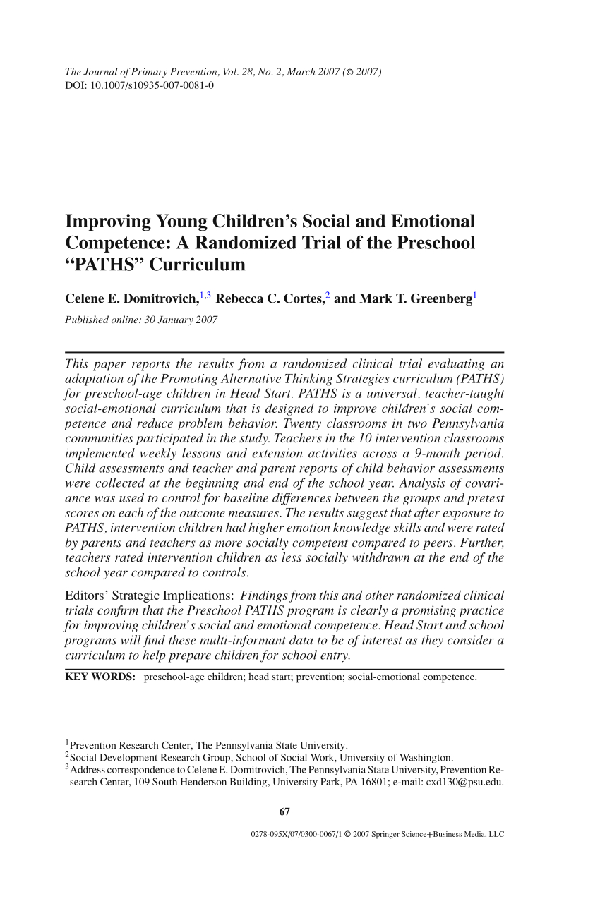Pdf) Improving Young Children&amp;#039;s Social And Emotional