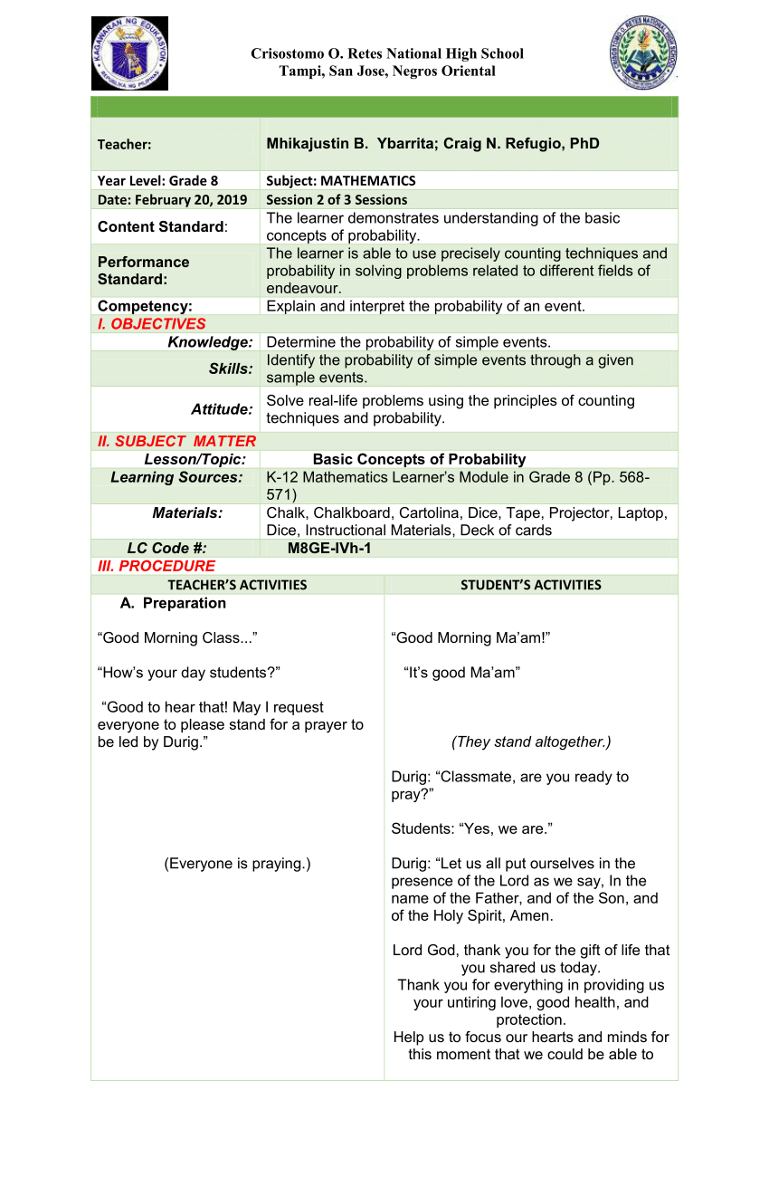 Pdf) Lesson Plan For Basic Concepts Of Probability