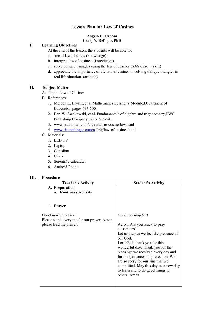 Pdf) Lesson Plan For Law Of Cosines