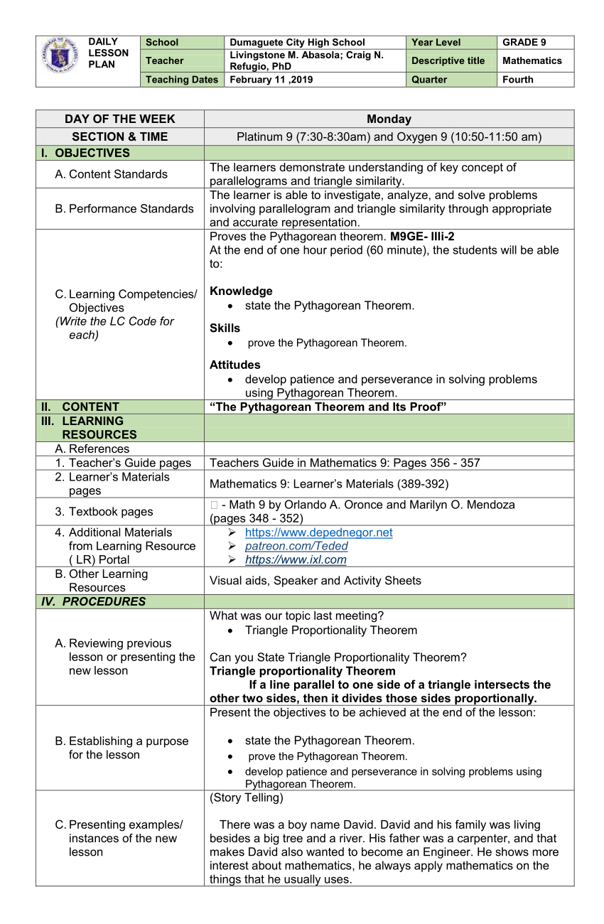 Pdf) Lesson Plan For Pythagorean Theorem