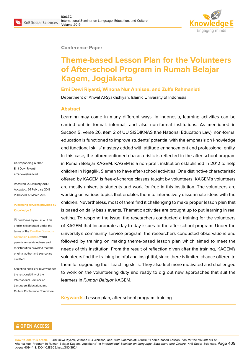 Pdf) Theme-Based Lesson Plan For The Volunteers Of After