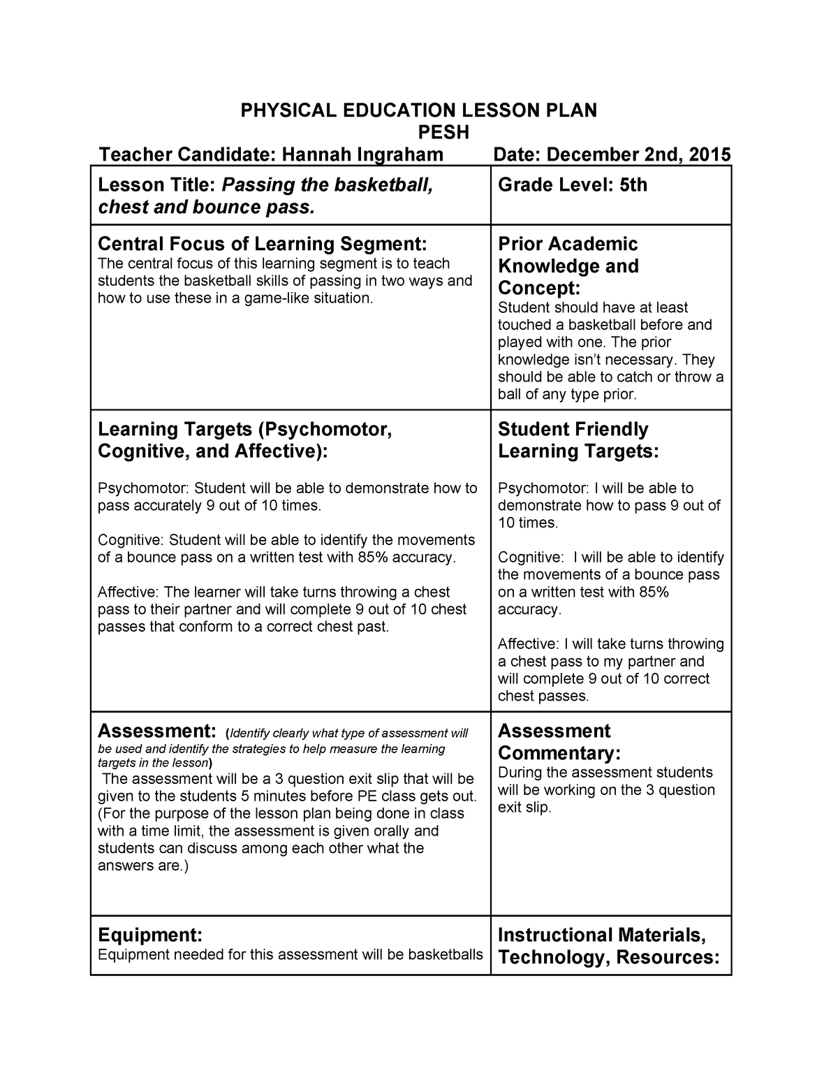 Pe Lesson Plan- Basketball - Pesh 280 - Cwu - Studocu