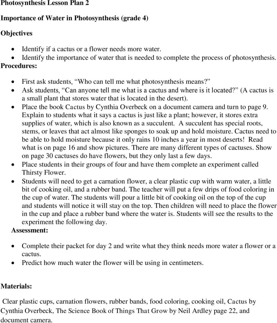 Photosynthesis Lesson Plan 1. Introduction To Photosynthesis