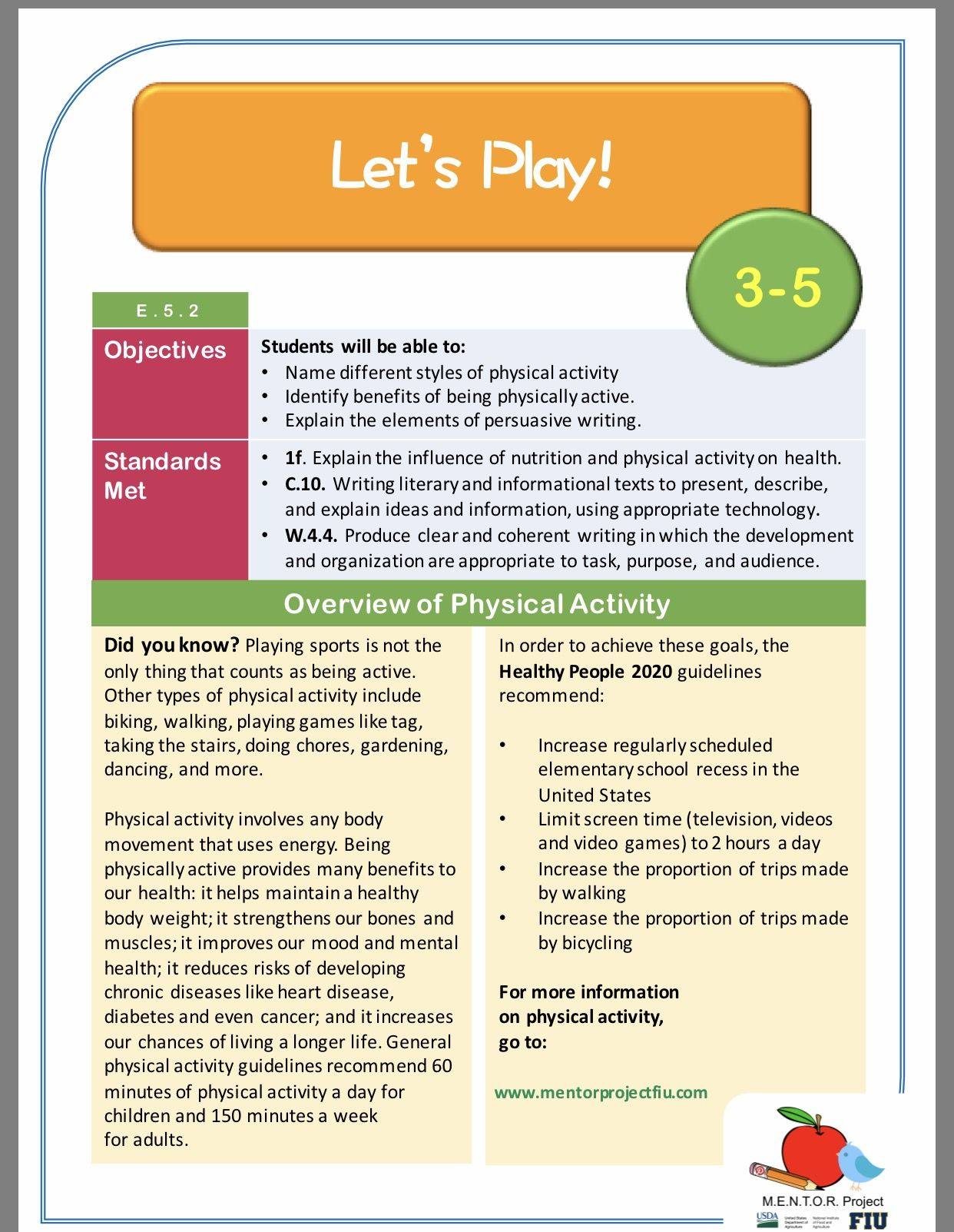Physical Activity English Lesson Plan For Grades 3-5