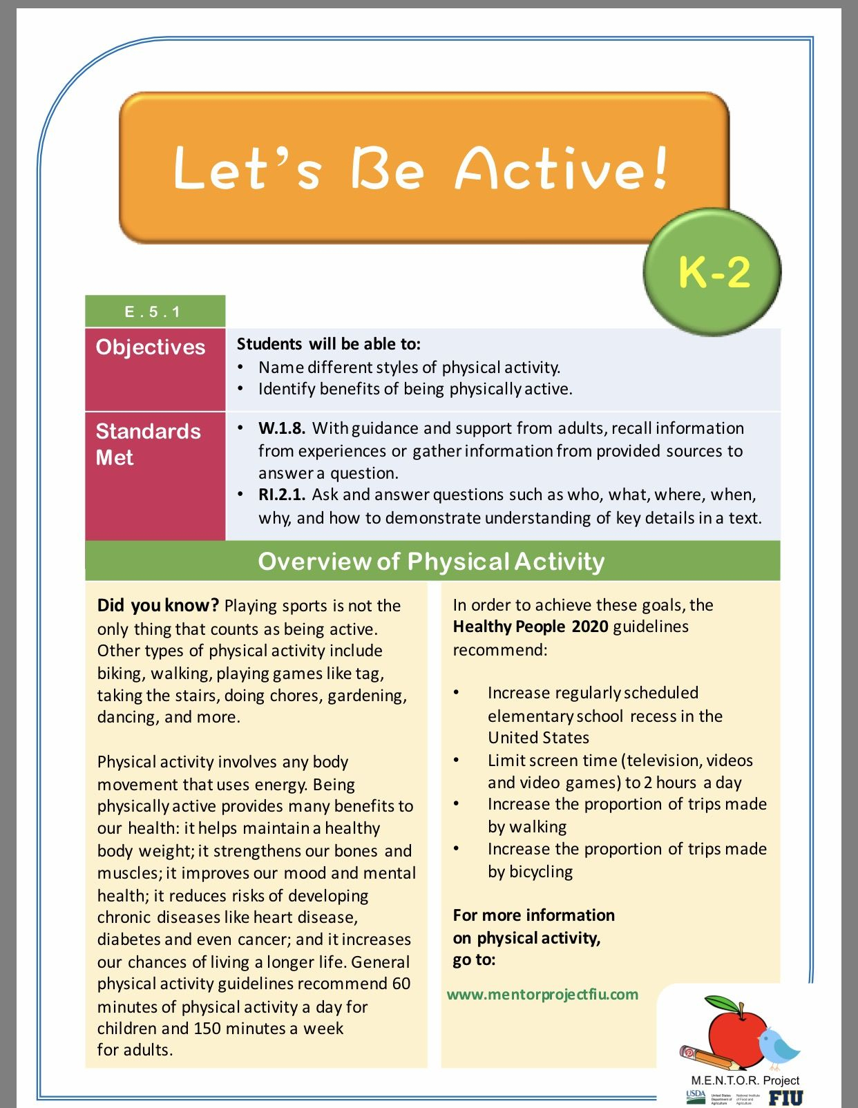 Physical Activity English Lesson Plan For Grades K-2 | Math