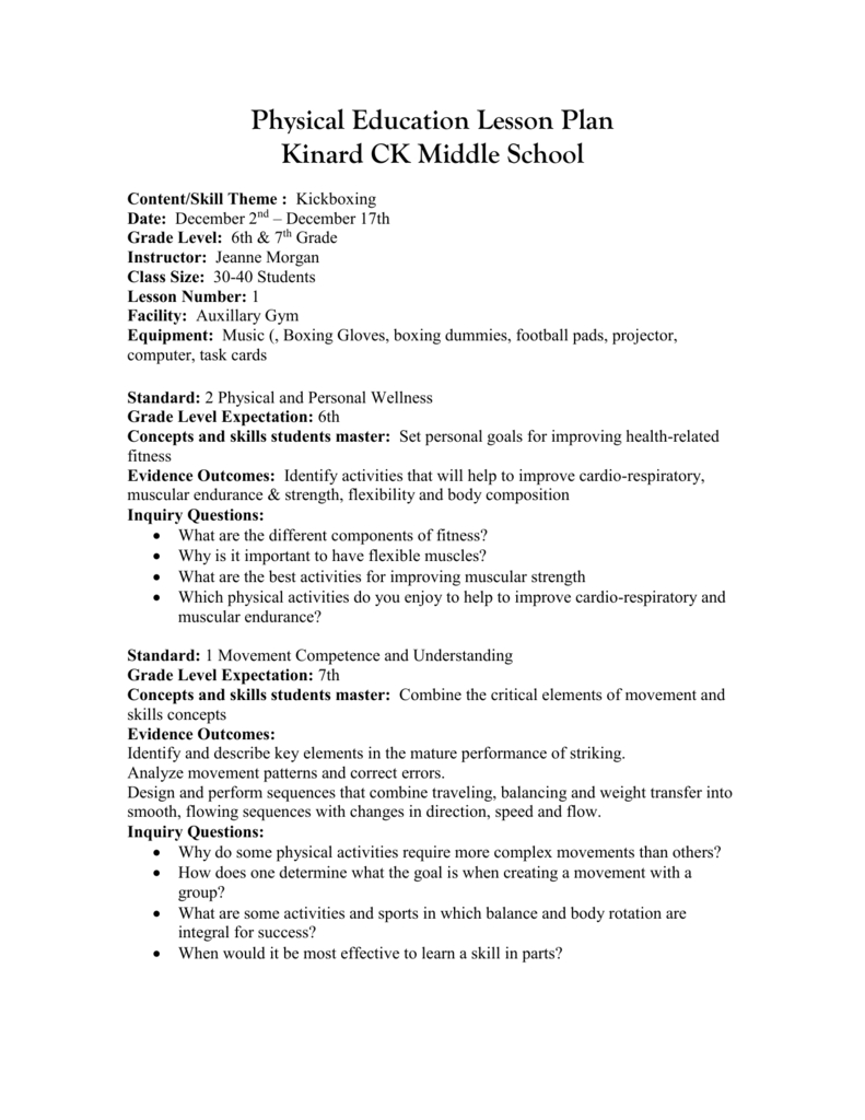 physical education assignments for middle school