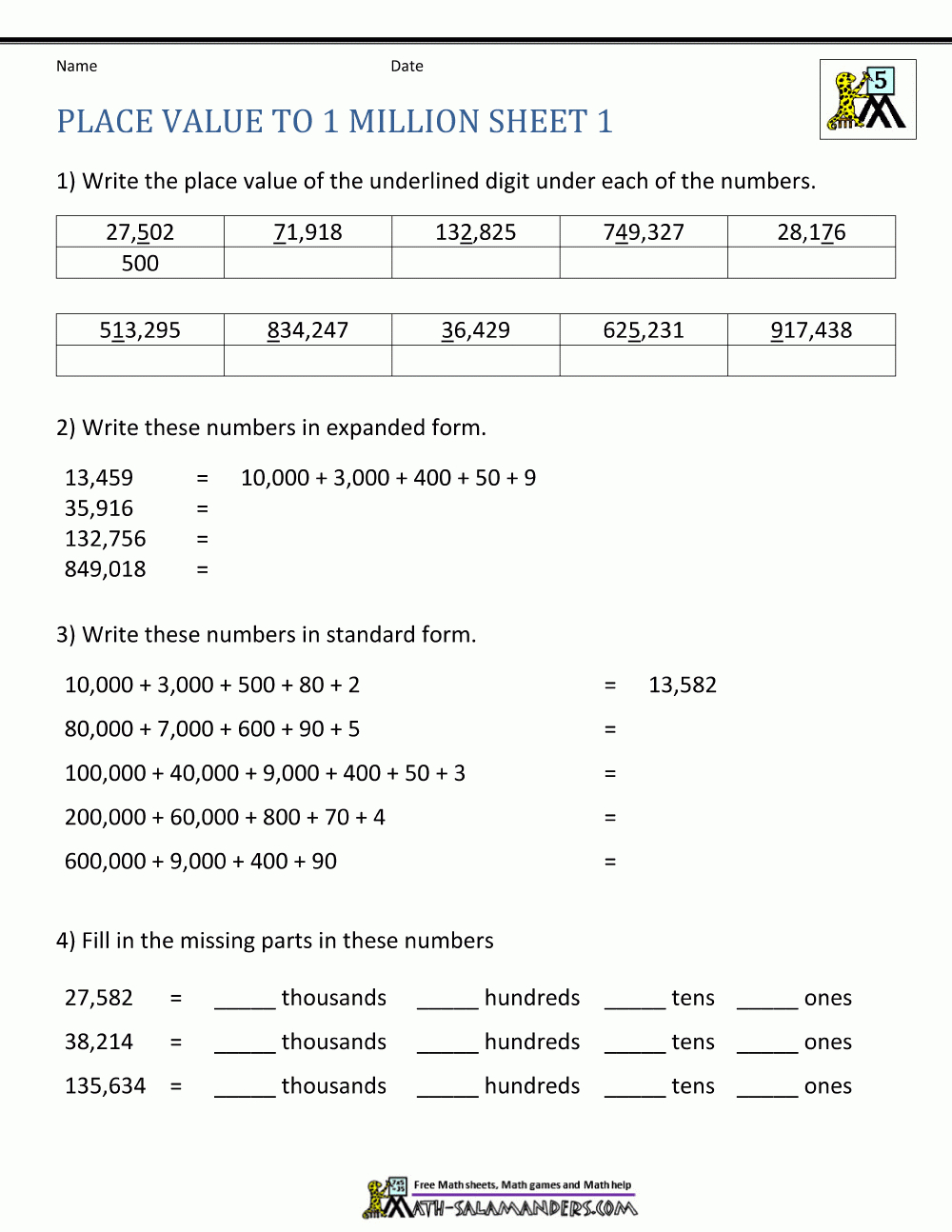 place value worksheet up to 10 million place value