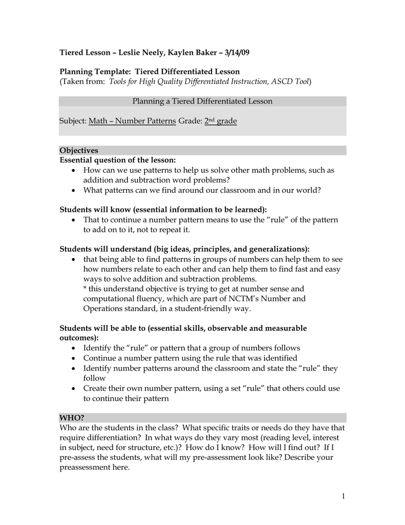 Planning Template: Tiered Differentiated Lesson