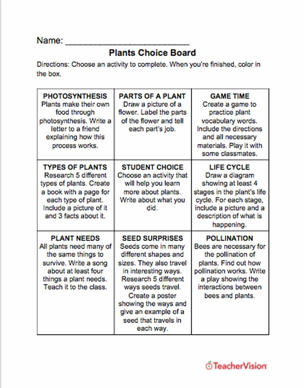 Plants Choice Board - Teachervision