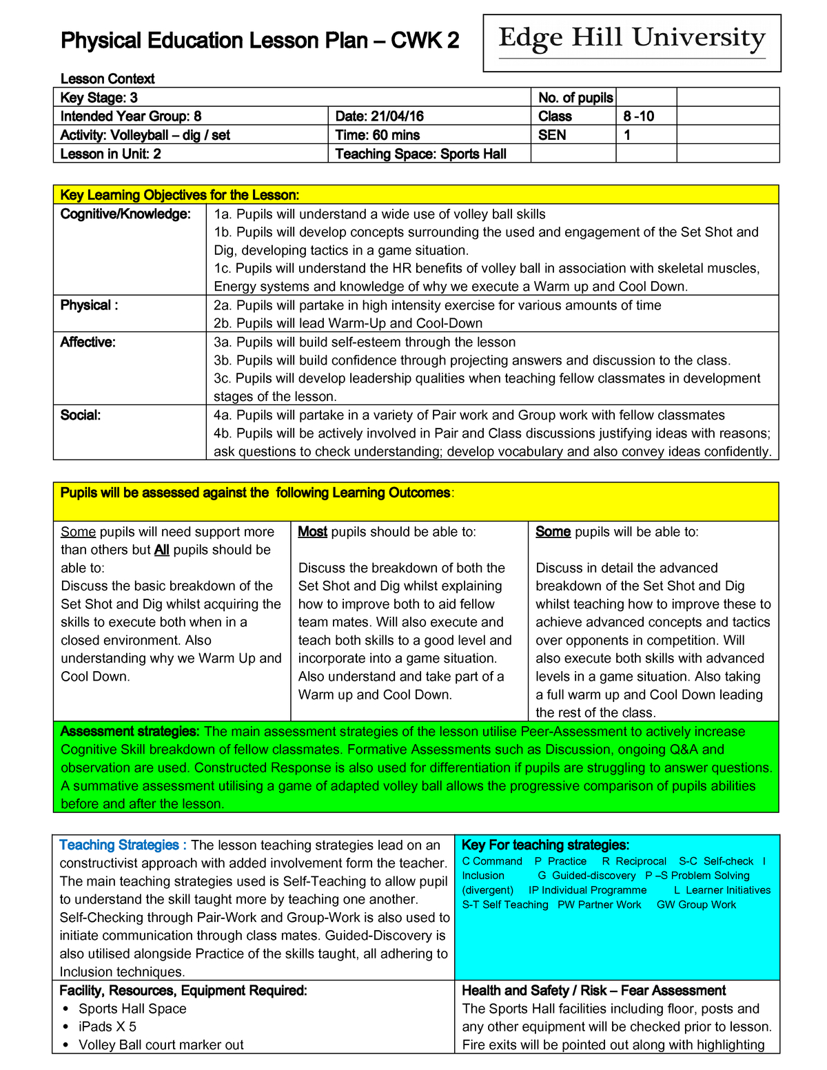 Practical - Volleyball Lesson Plan - Spt3642 - Edgehill