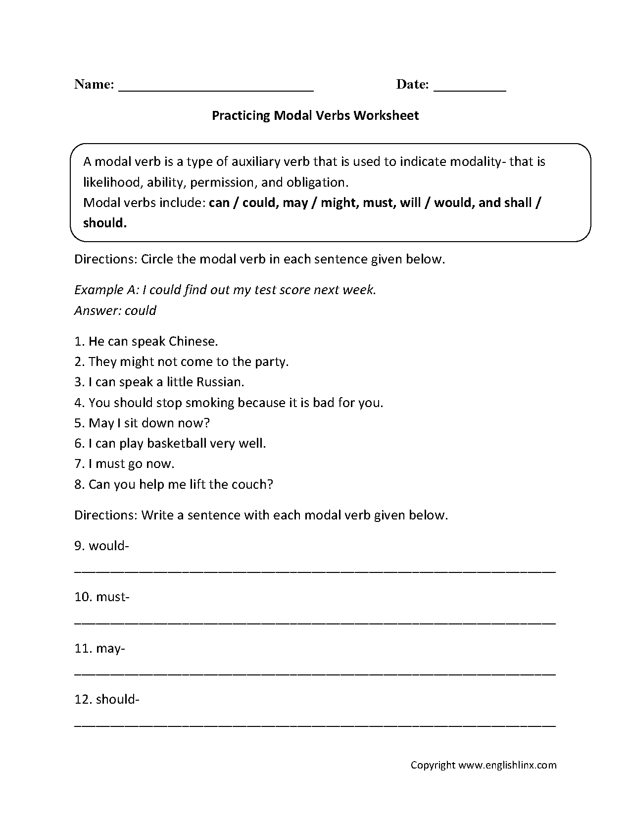 Practicing Modal Verbs Worksheets | Verb Worksheets, Free