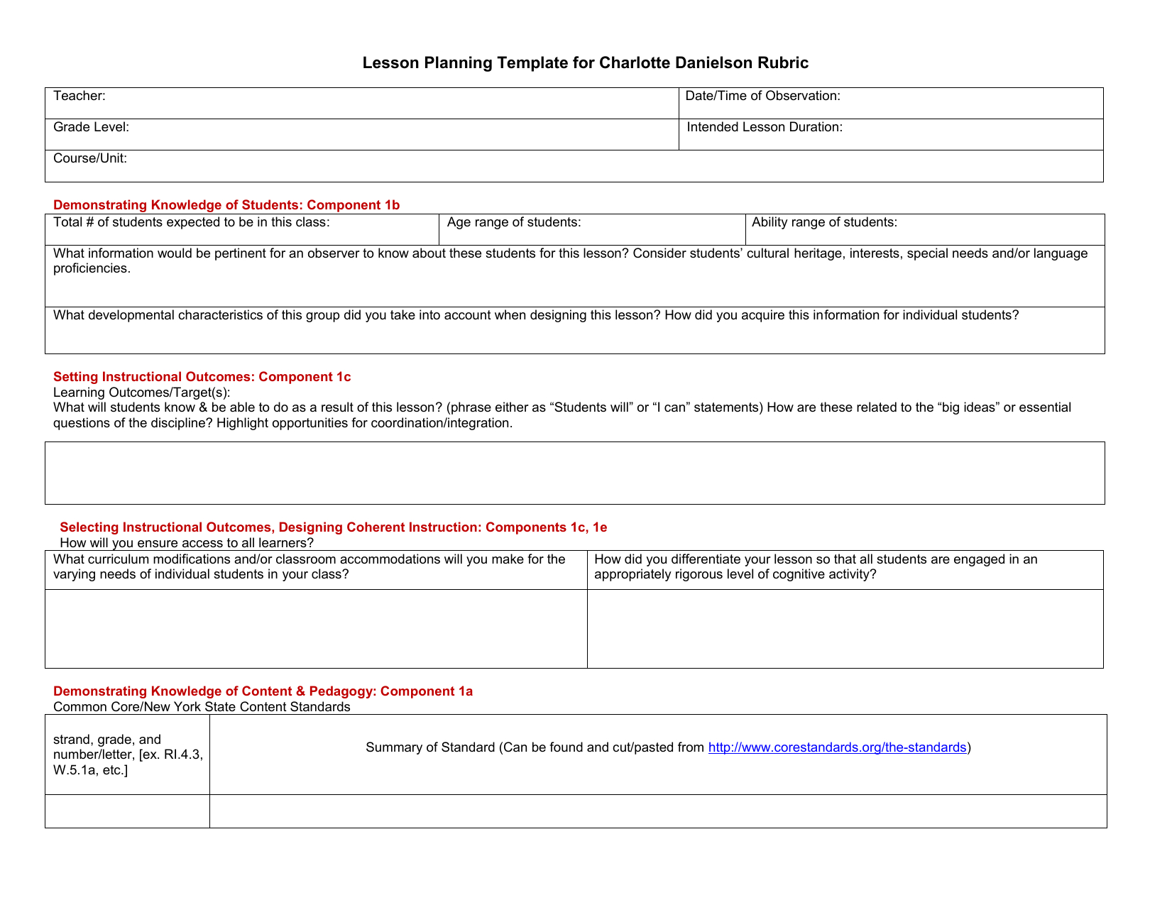 Pre-Observation Lesson Planning Template Aligned With Fft Rubric
