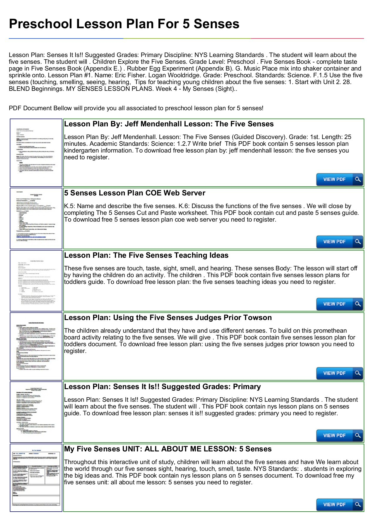 Preschool Lesson Plan For 5 Senses Pages 1 - 4 - Text