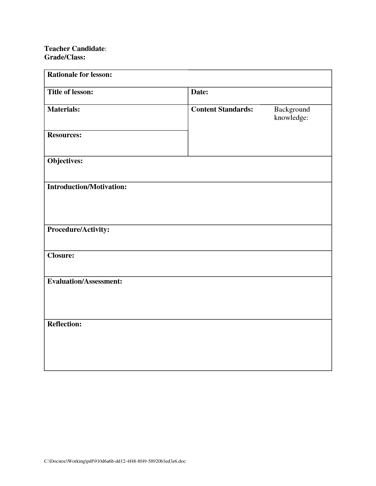 Printable Blank Lesson Plans Form For Counselors | Blank