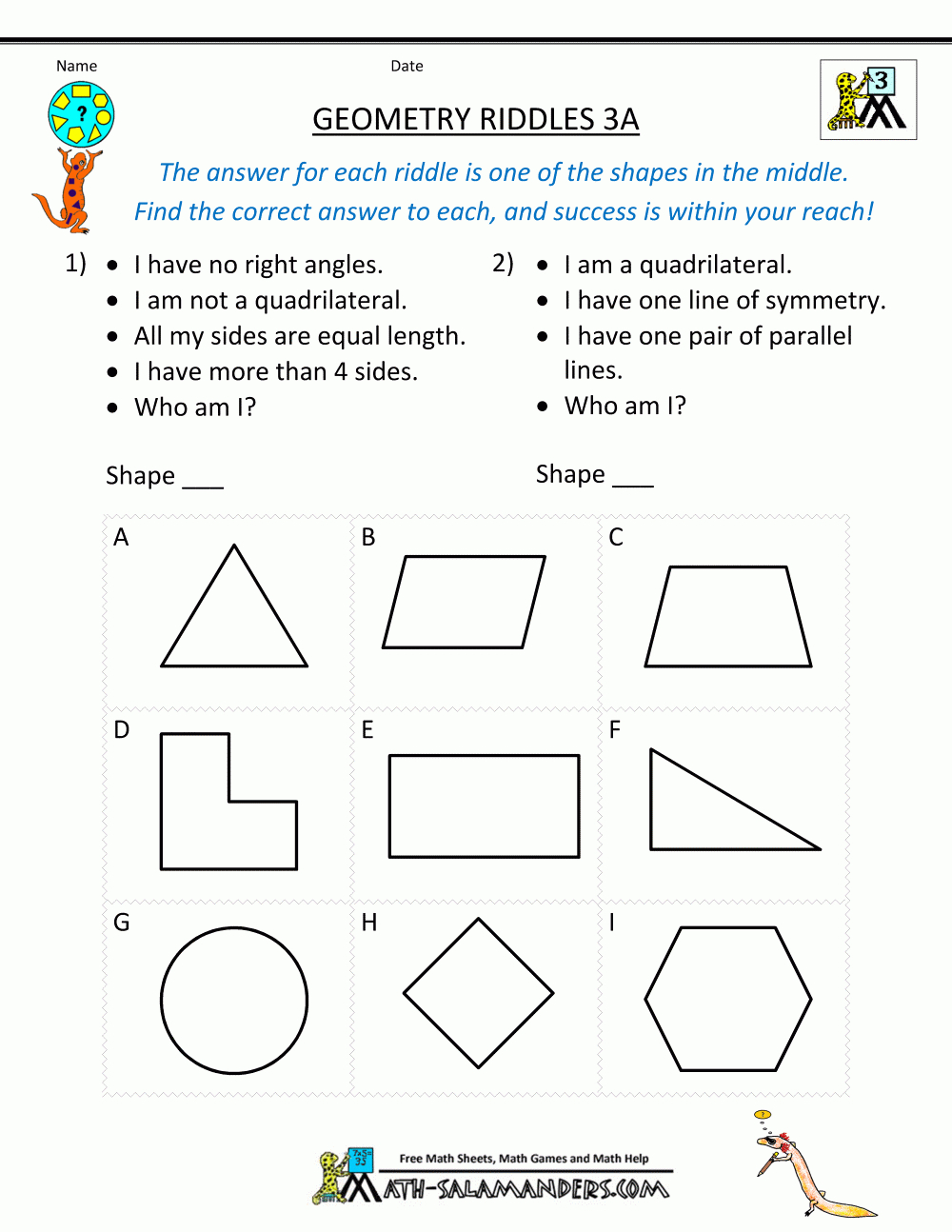 Printable Geometry Worksheets - Riddles