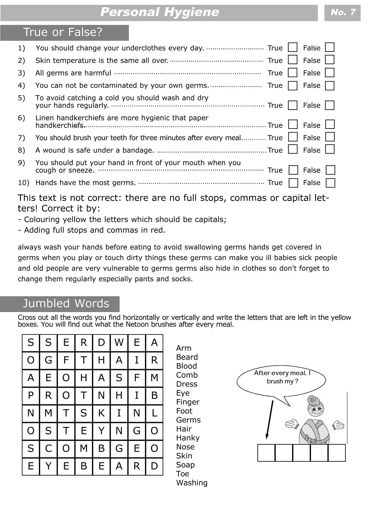 Printable Worksheets For Personal Hygiene | Personal Hygiene