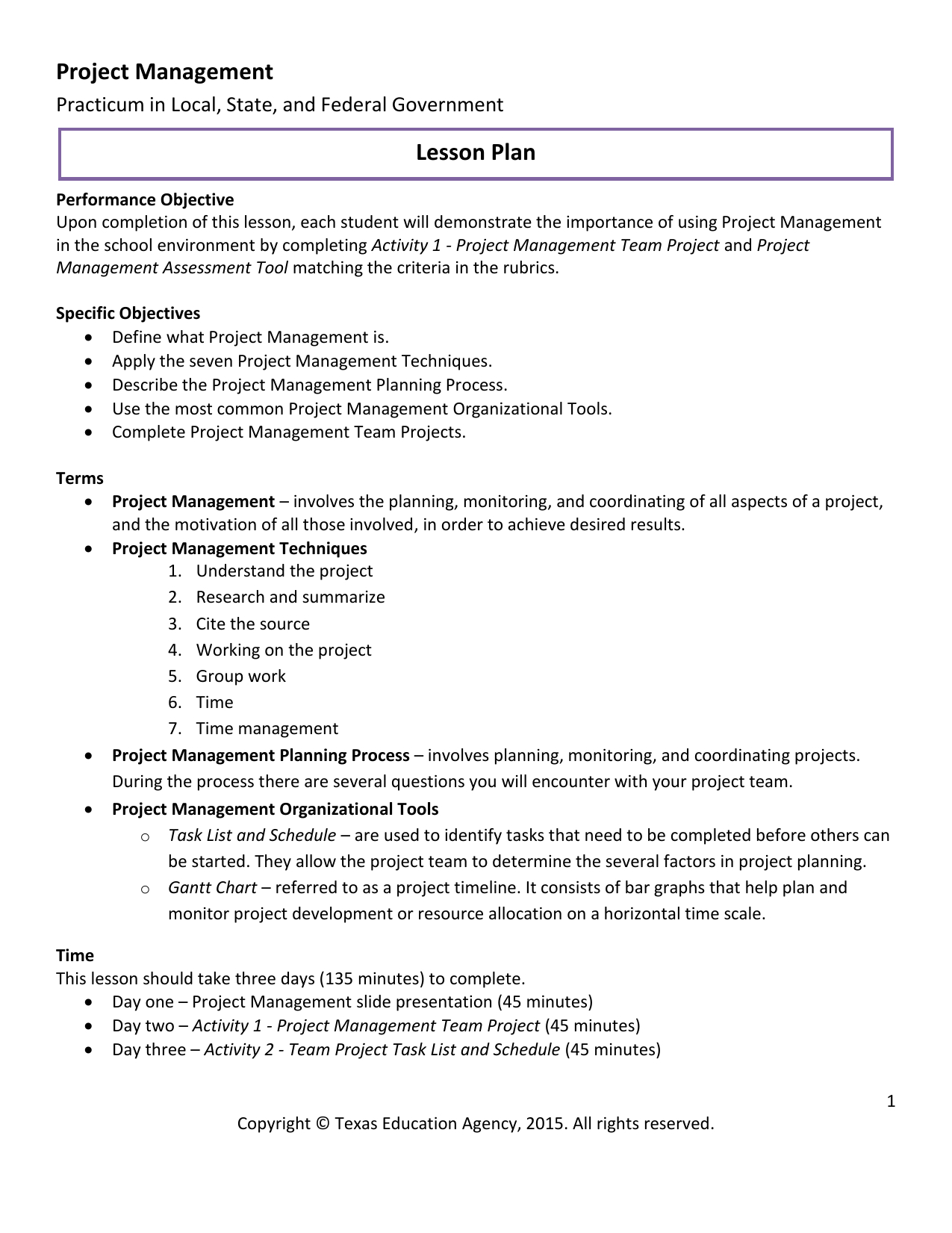 Project Management Lesson Plan