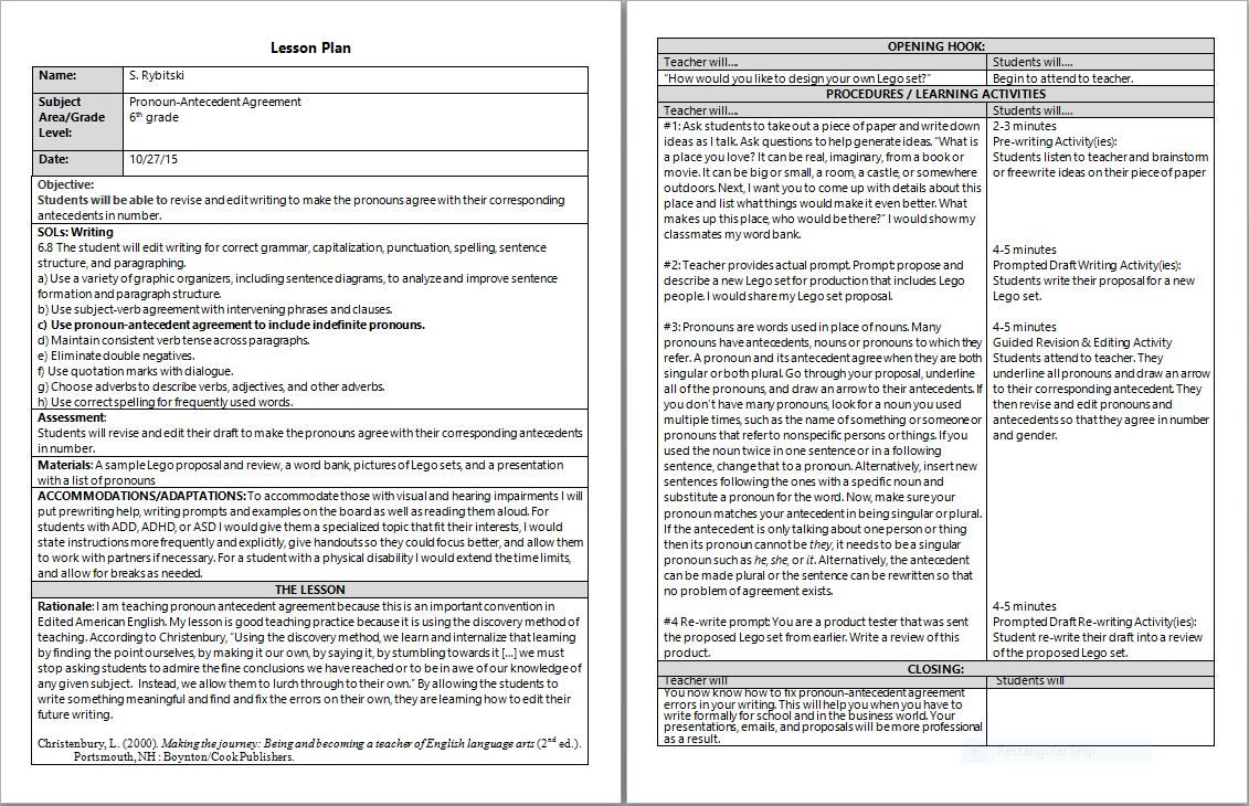 Pronoun-Antecedent Agreement Lesson Plan Embedded In