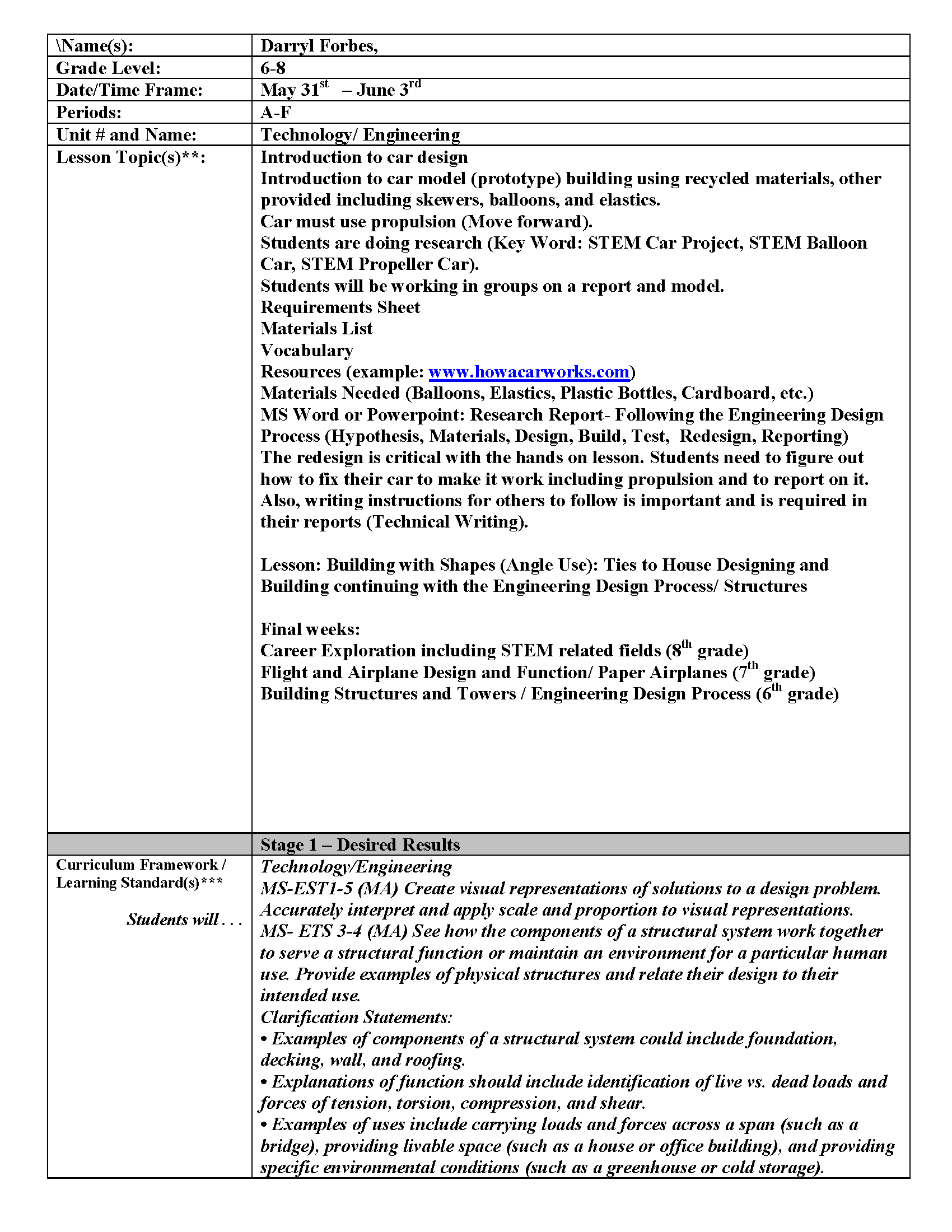 Propulsion Car Lesson Plan Page 1 | Stem Teacher, Lesson