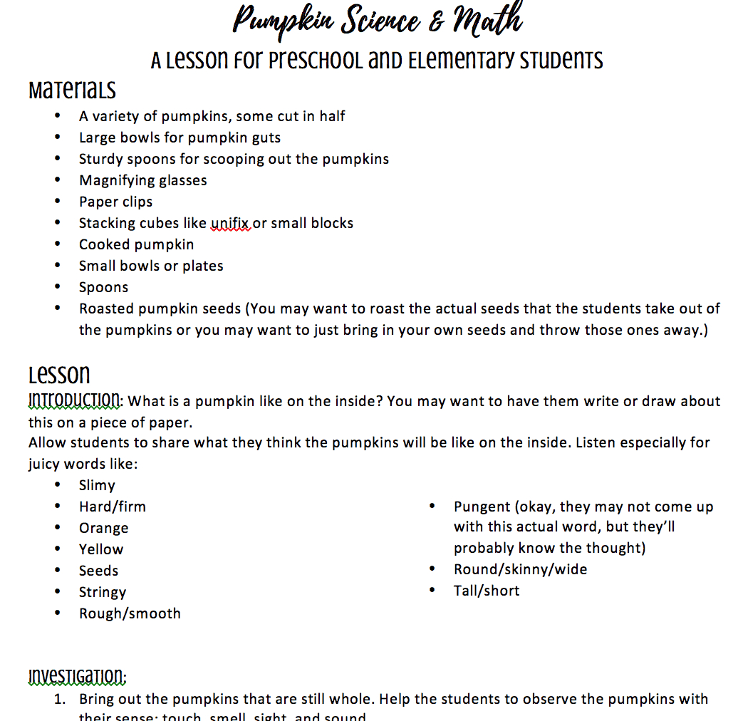 Pumpkin Science Lesson Plan For Preschool, Kindergarten, And