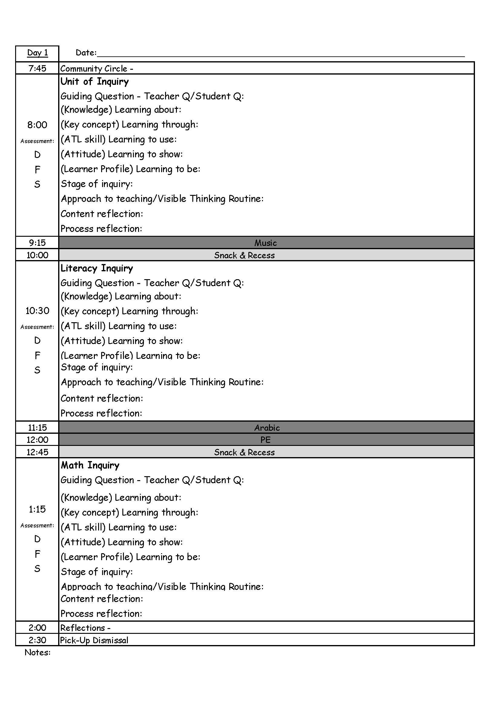 Pyp Day Plan Template | Lesson Plan Templates, Preschool