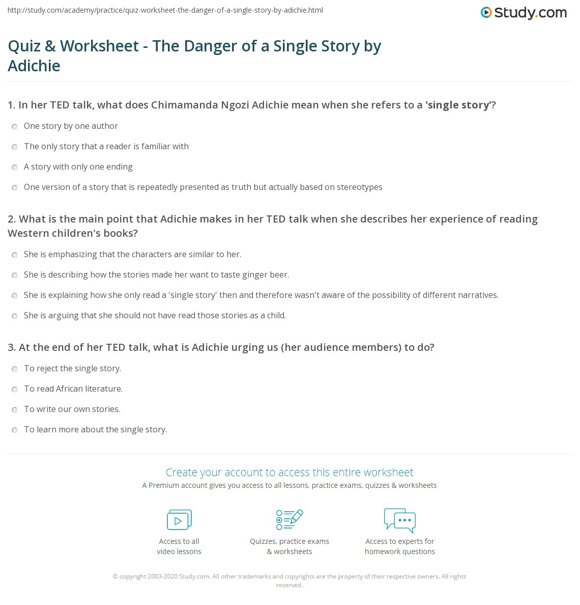 Quiz &amp;amp; Worksheet - The Danger Of A Single Storyadichie