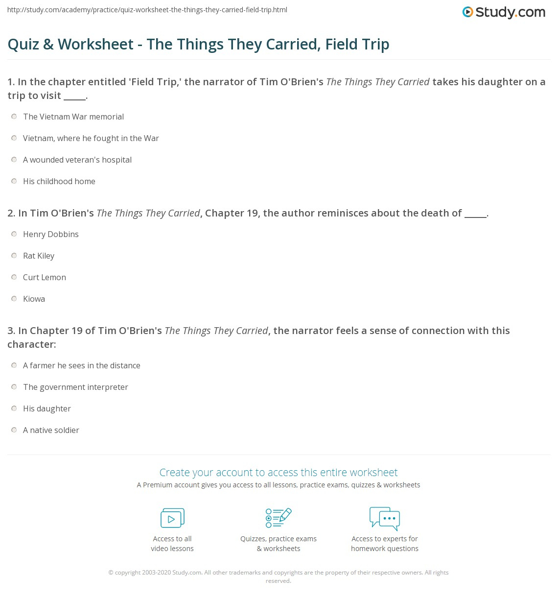 Quiz &amp;amp; Worksheet - The Things They Carried, Field Trip