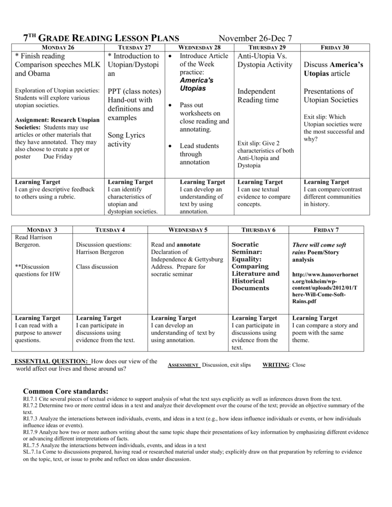 Reading Lesson Plans Nov 26-Dec 7