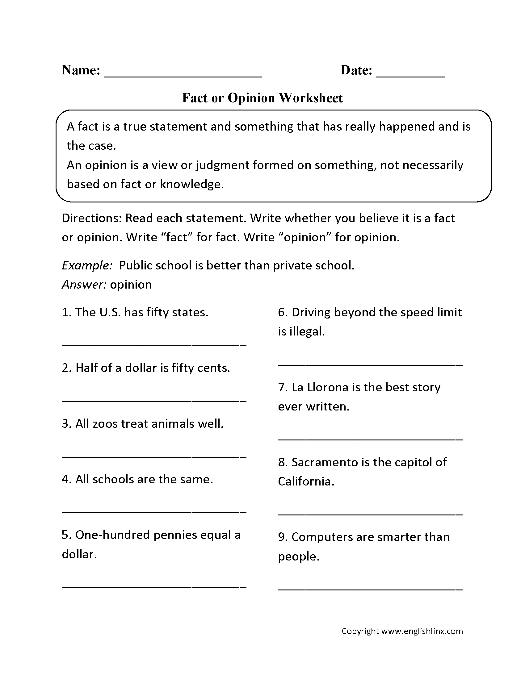 Reading Worksheets | Fact And Opinion Worksheets