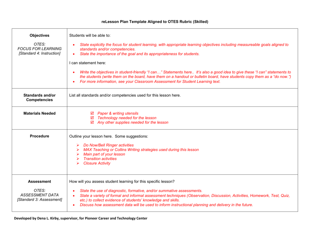 Recommended Lesson Plan Template Aligned To Otes | Lesson