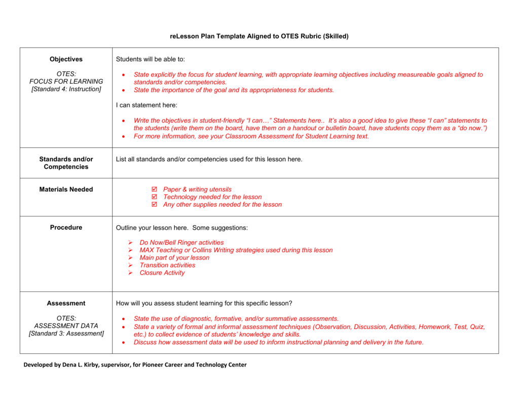 Recommended Lesson Plan Template Aligned To Otes