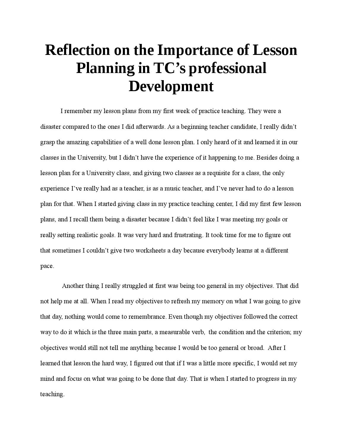 Reflection On The Importance Of Lesson Planning In Tc