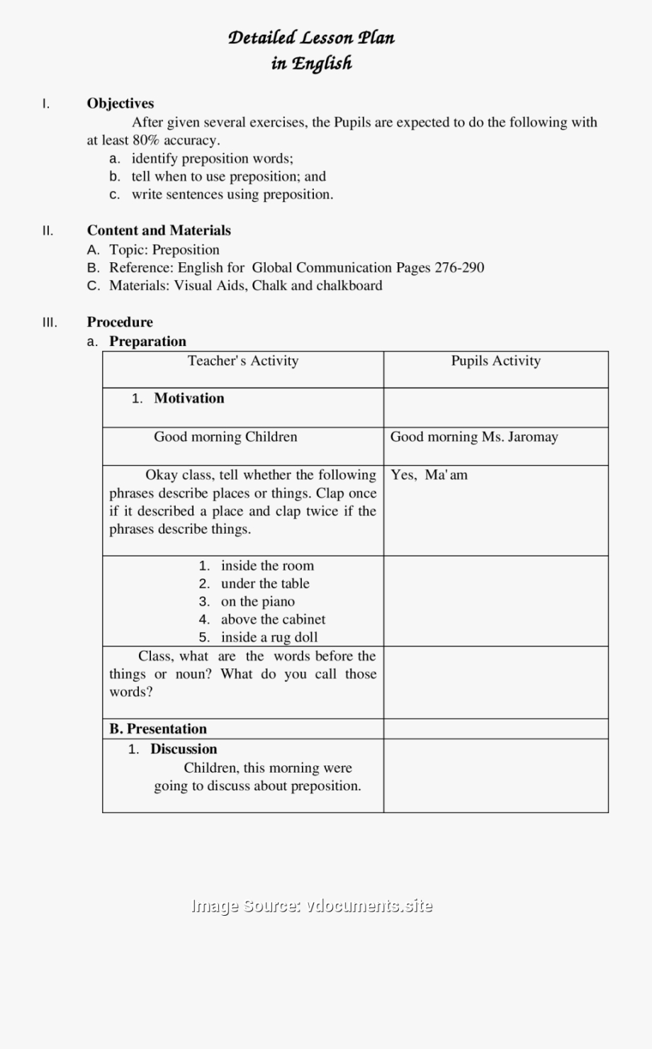 Regular Detailed Lesson Plan In English 1 Detailed - English