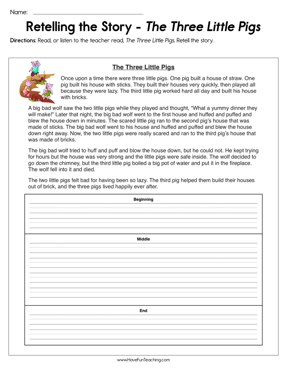 Retelling The Story The Three Little Pigs Worksheet