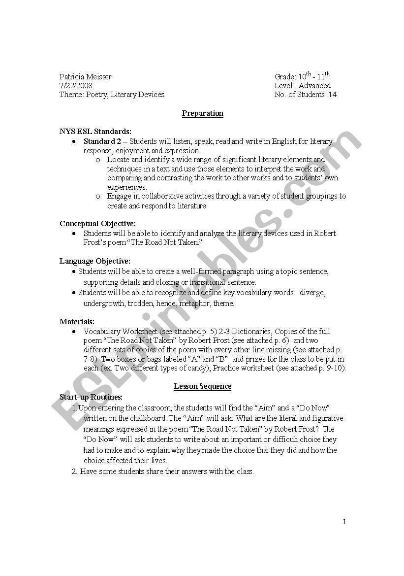 Robert Frost &amp;quot;the Road Not Taken&amp;quot; Lesson Plan And Worksheets