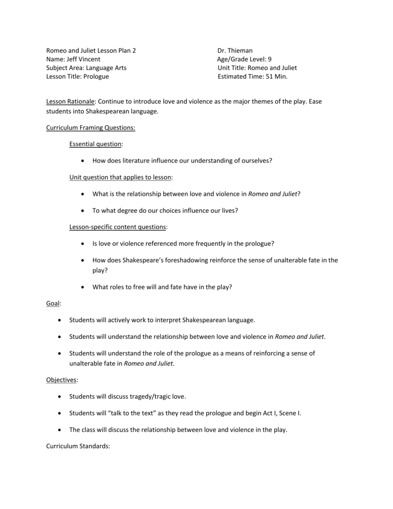 Romeo And Juliet Lesson Plan 2 Dr