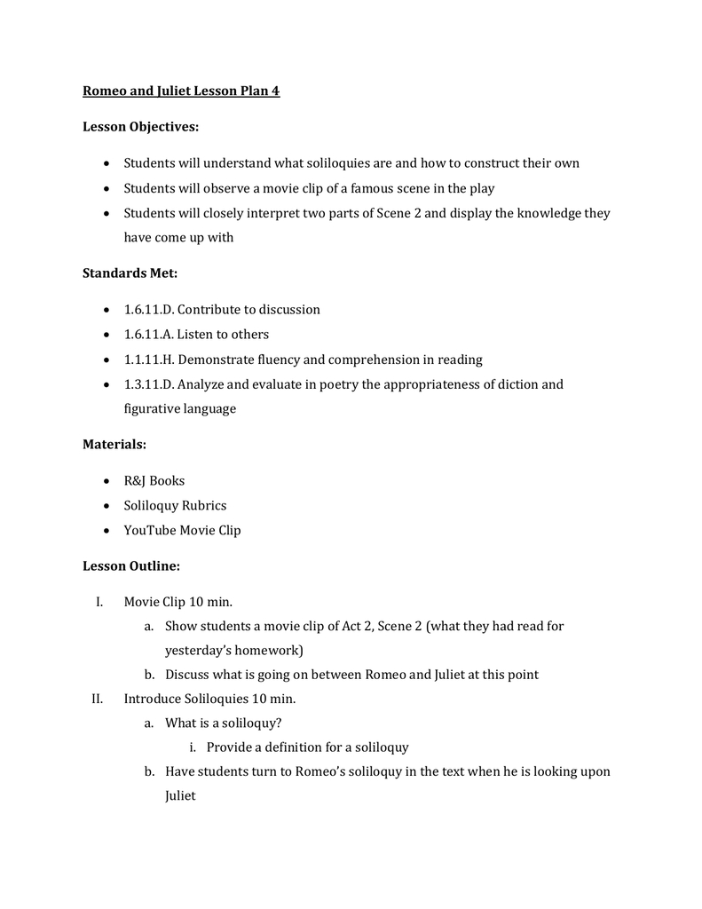 Romeo And Juliet Lesson Plan 4